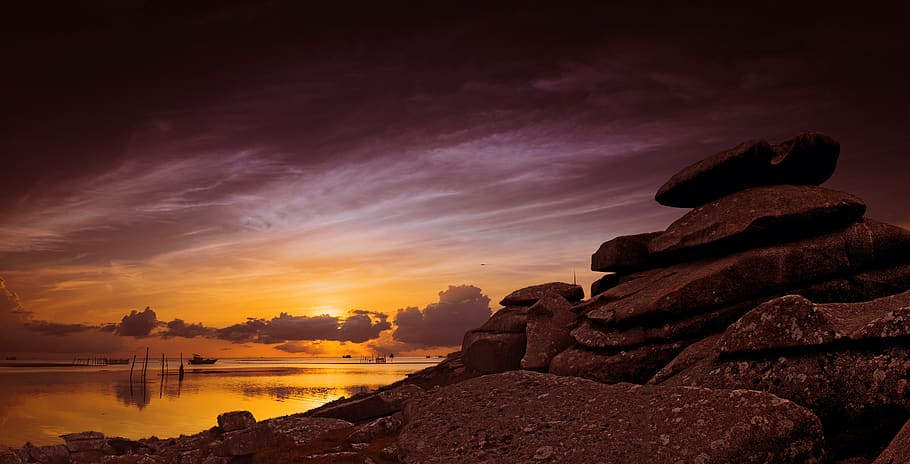 Landscape of Rocks on Sunset, beach, dawn, ocean, scenic, sea HD wallpaper