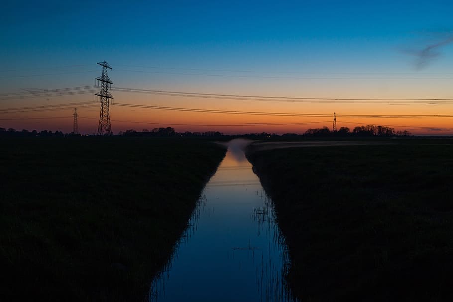 sunset, dark, eve, evening, nature, canal, water, flow, sky HD wallpaper