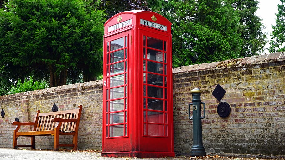 Red Telephone Booth, antique, bench, bricks, britain, british HD wallpaper