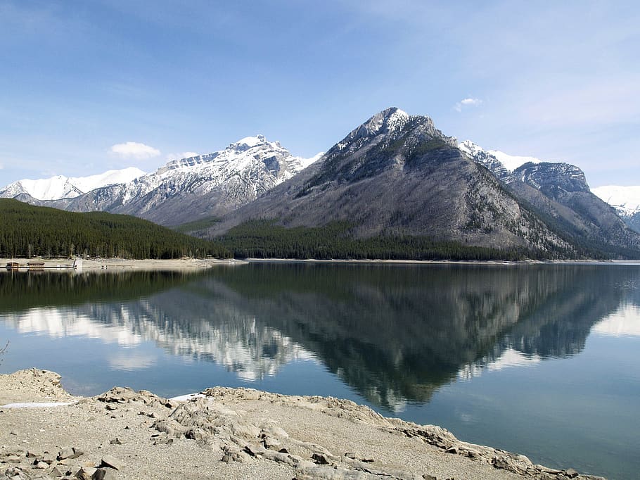 reflection, lake, mountains, landscape, sky, blue, calm, water HD wallpaper