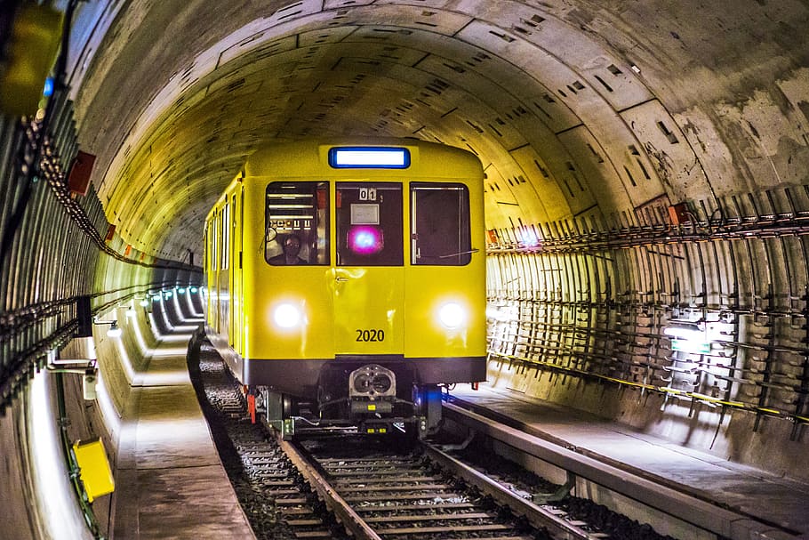 Yellow and Black Train Under Tunnel, berlin, concrete, curve, HD wallpaper