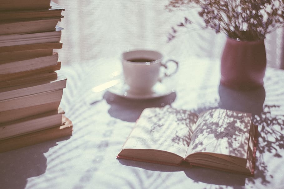 Opened Book Near Ceramic Mug, blur, books, coffee, cup, drink HD wallpaper
