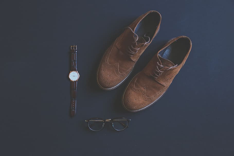 Brown Leather Brogue Shoes Beside Eyeglasses and Watch, accessory, HD wallpaper