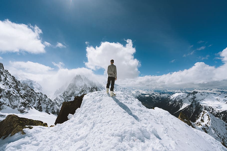 Person Standing on Slope Glacier Mountain, adventure, altitude HD wallpaper
