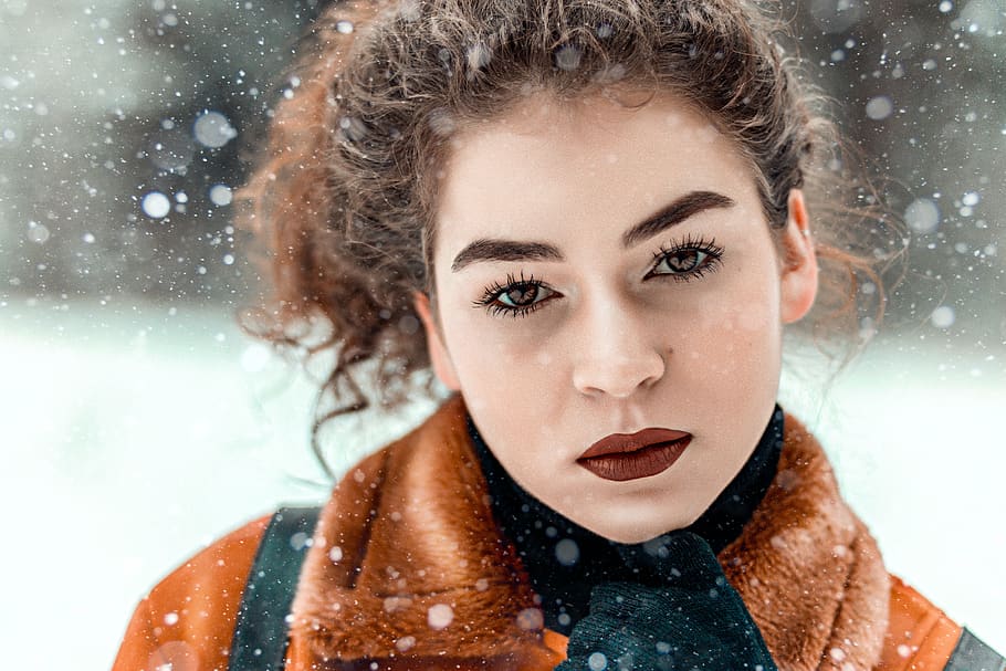 woman in brown and black fur coat, winter, snow, portrait, young adult