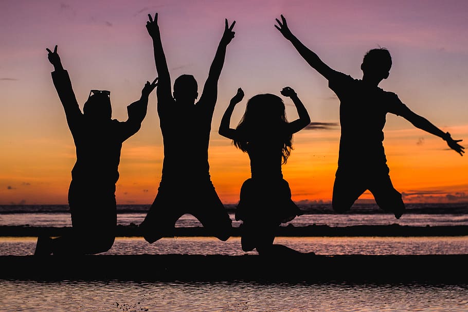 Silhouette of People Jumping, backlit, beach, dawn, friends, friendship