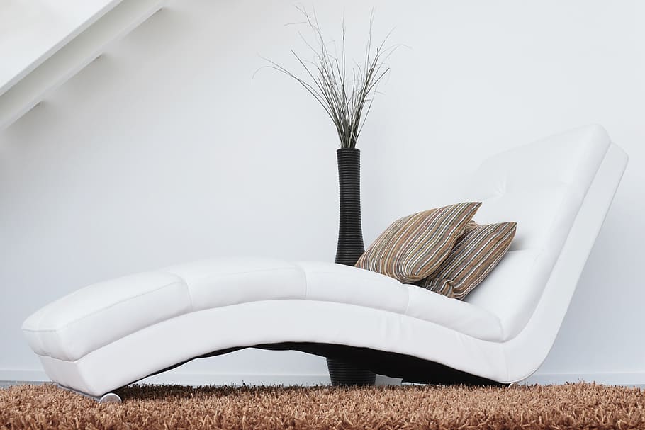 Two Pillows on White Leather Fainting Couch, architecture, carpet