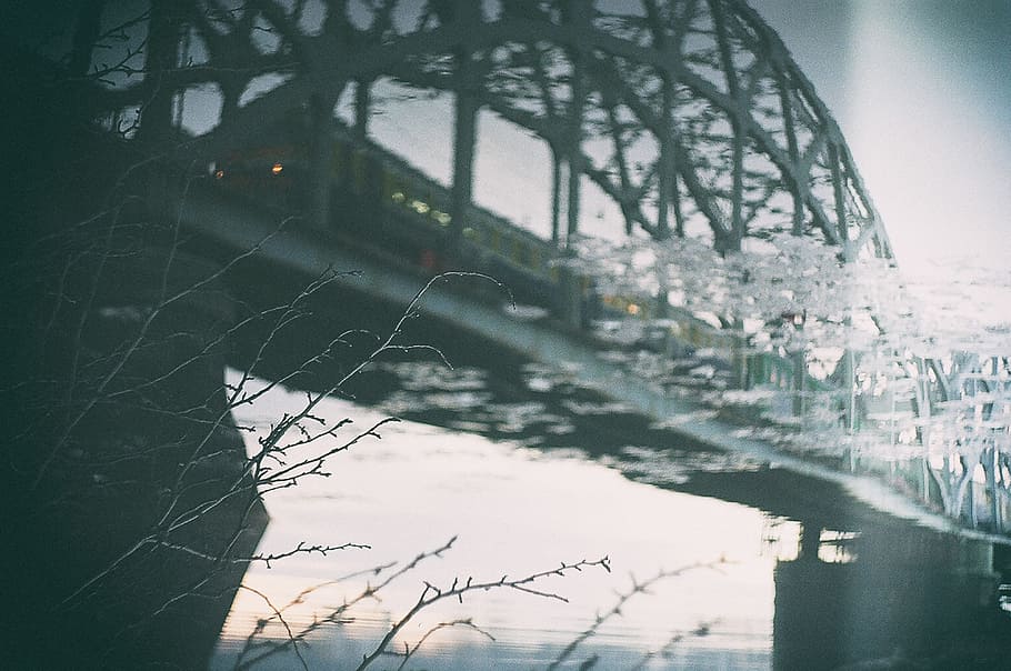 Railway bridge reflection, ancient, architecture, beautiful, blue HD wallpaper