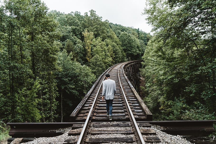 man standing on railway surrounded by trees, track, forest, walking