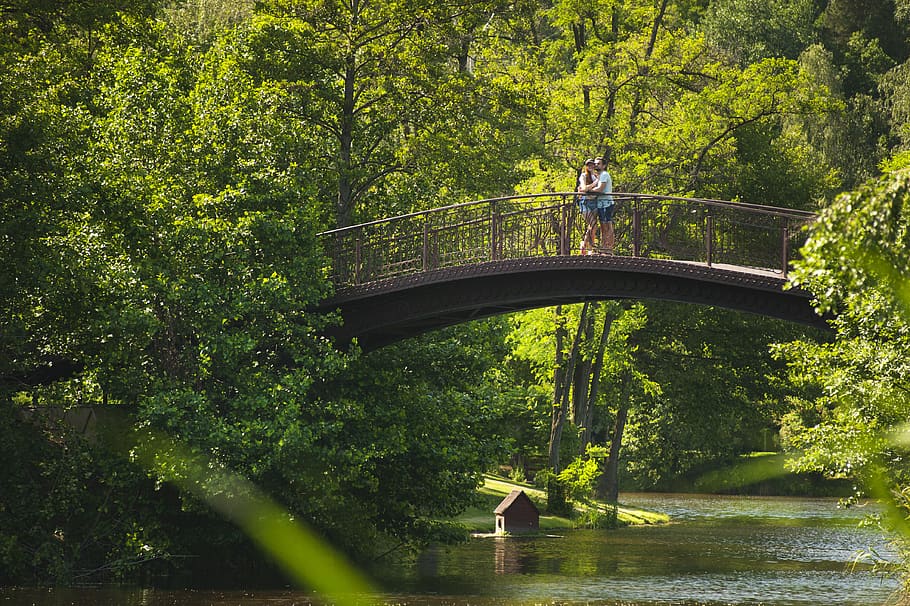 Photo of Couple Hugging on Bridge over River, daylight, environment HD wallpaper