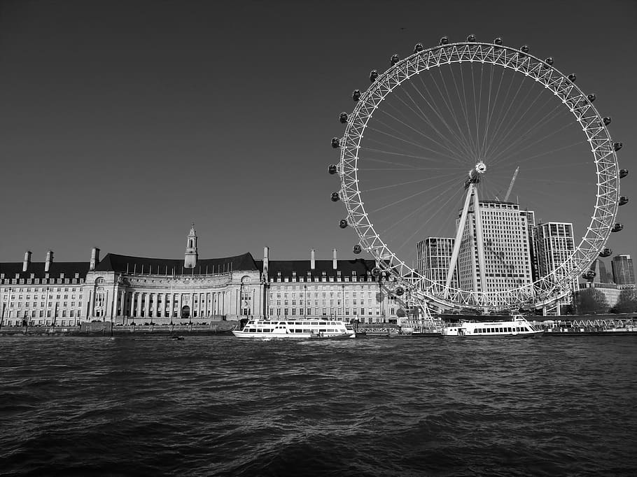 London Eye, architecture, black-and-white, body of water, city