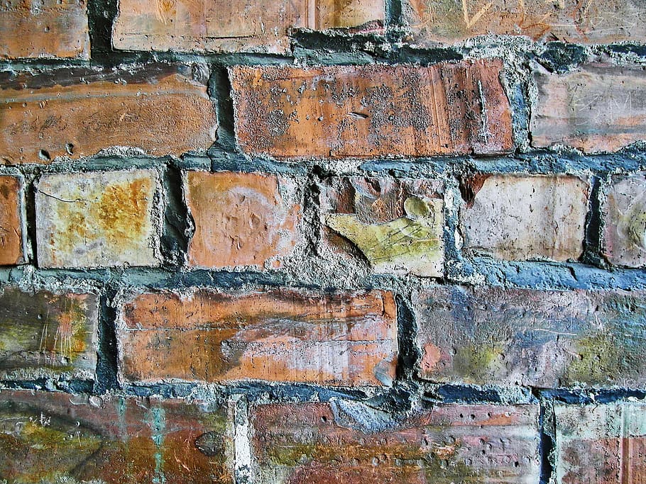 brown brick wall, painting, art, stone wall, moss, plant, path