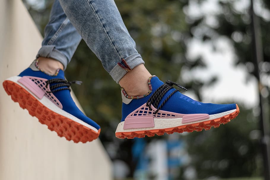 blue shoes, apparel, footwear, clothing, person, human, sneaker