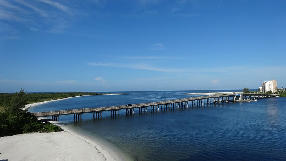 bridge, mar, water, ocean, landscape, nature, sky, beach, florida HD wallpaper