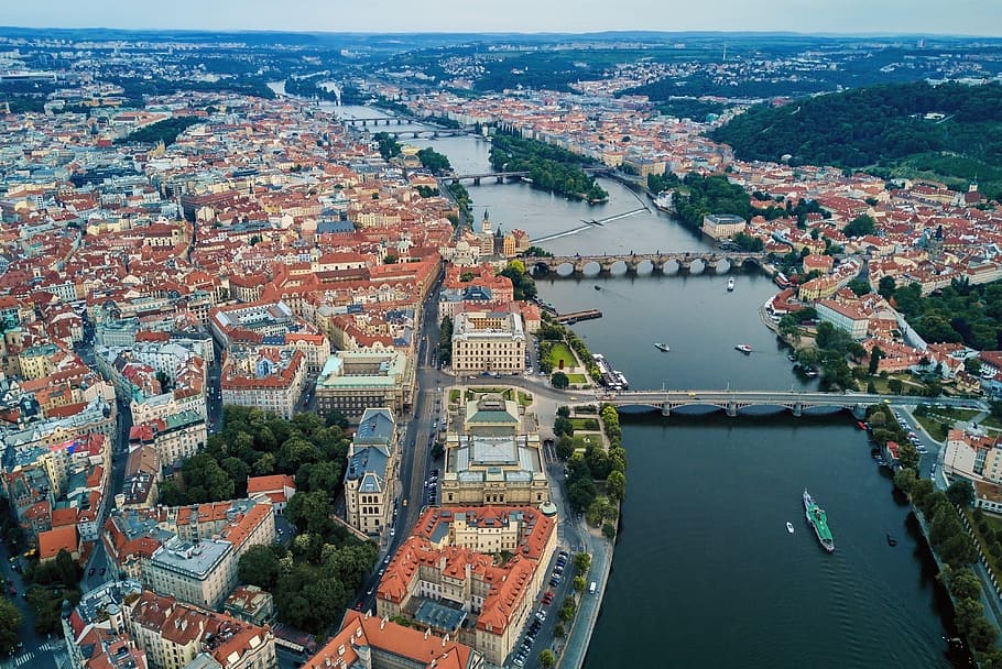Amazing Historic Centre of Prague from aerial view, water, architecture HD wallpaper