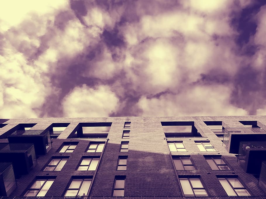 Worm's Eye View of Building, architecture, clouds, dark, dawn HD wallpaper