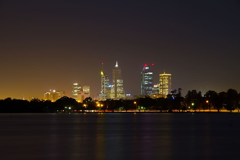 australia, perth, lake monger, trees, city, lights, nightlife HD wallpaper