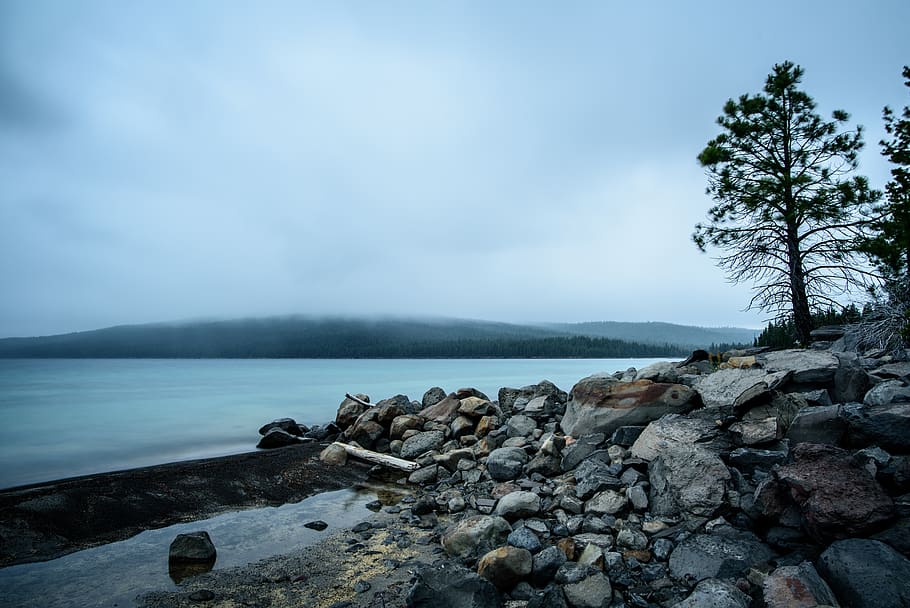 blue, lake, tree, rock, fog, water, sky, beauty in nature, scenics - nature HD wallpaper