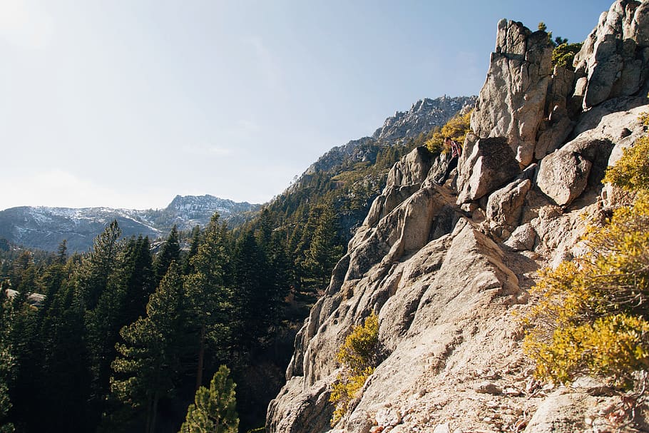 Mountain Cliff, forest, nature, rocks, trees, sky, beauty in nature HD wallpaper