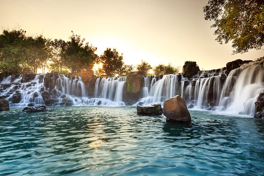 Time Lapse Photography of River, boulders, cascade, daylight HD wallpaper