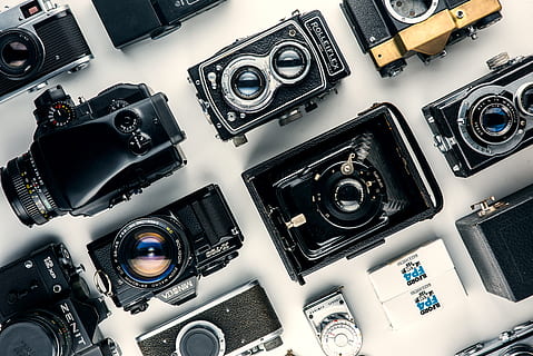 Assorted Black and Gray Cameras, antique, aperture, business HD wallpaper