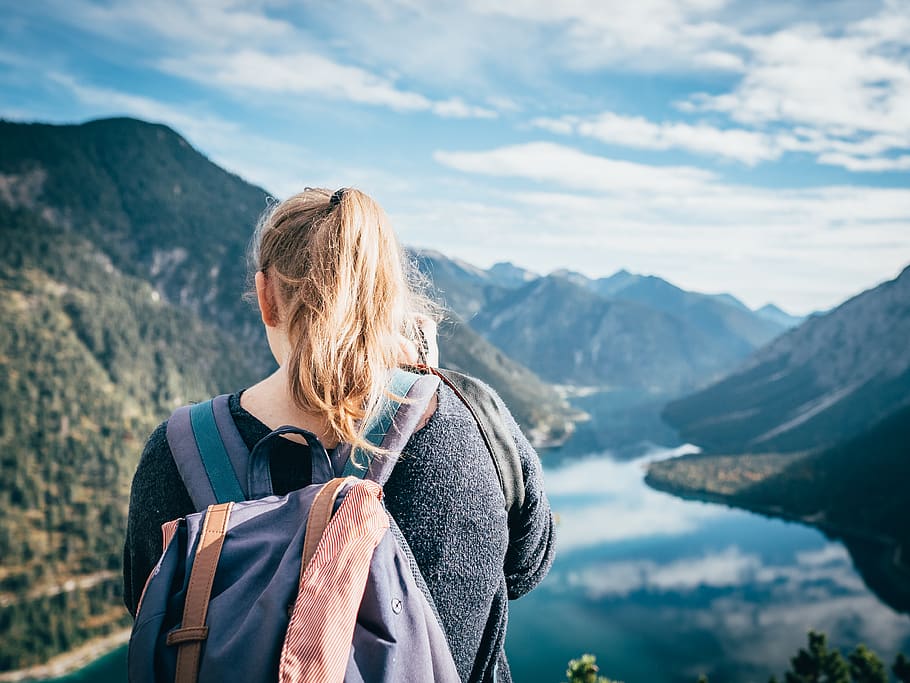 Woman Looking Onto Mountain, adventure, alps, back view, backpack HD wallpaper