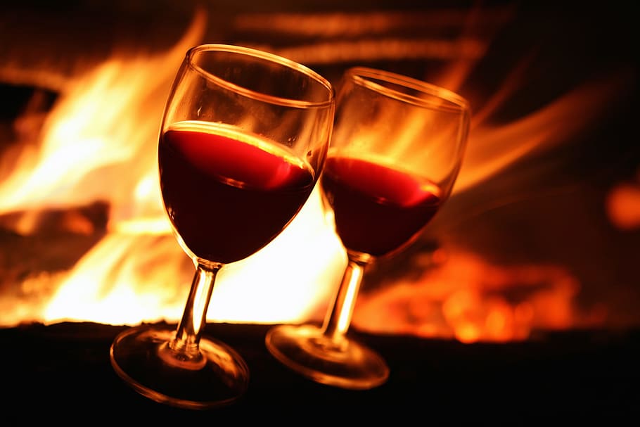 wine, glasses, fire, against, alcohol, beverage, bonfire, burn HD wallpaper