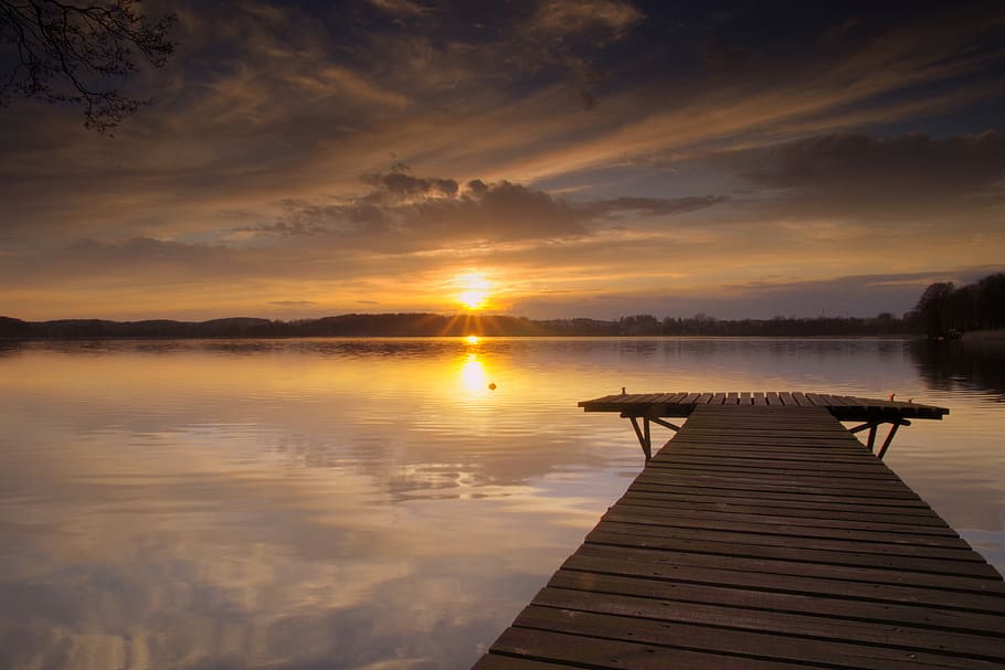 Photography of Lake Dock during Golden Hour, clouds, cloudscape HD wallpaper