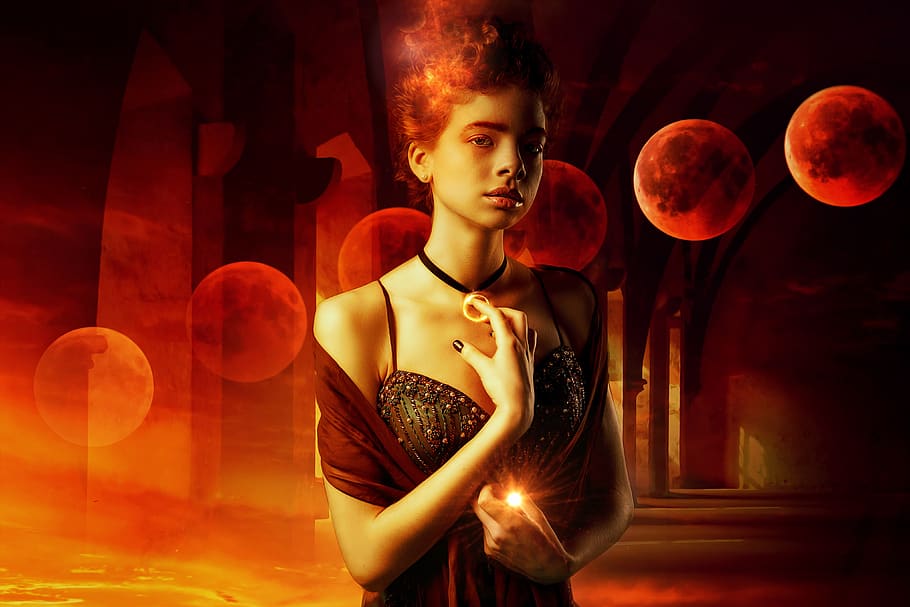 fantasy, gothic, dark, dream, ethereal, moon, blood moon, female HD wallpaper