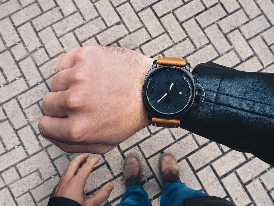 lunch, dinner, clock, leather, arm, black, bricks, first, person HD wallpaper