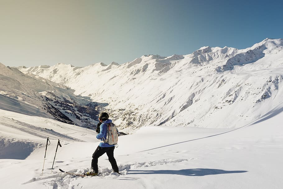 Man in Blue Jacket With Black Pants, adventure, backpack, blue sky HD wallpaper