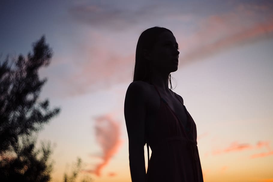 sky, cloud, sunset, plant, nature, people, girl, alone, silhouette HD wallpaper