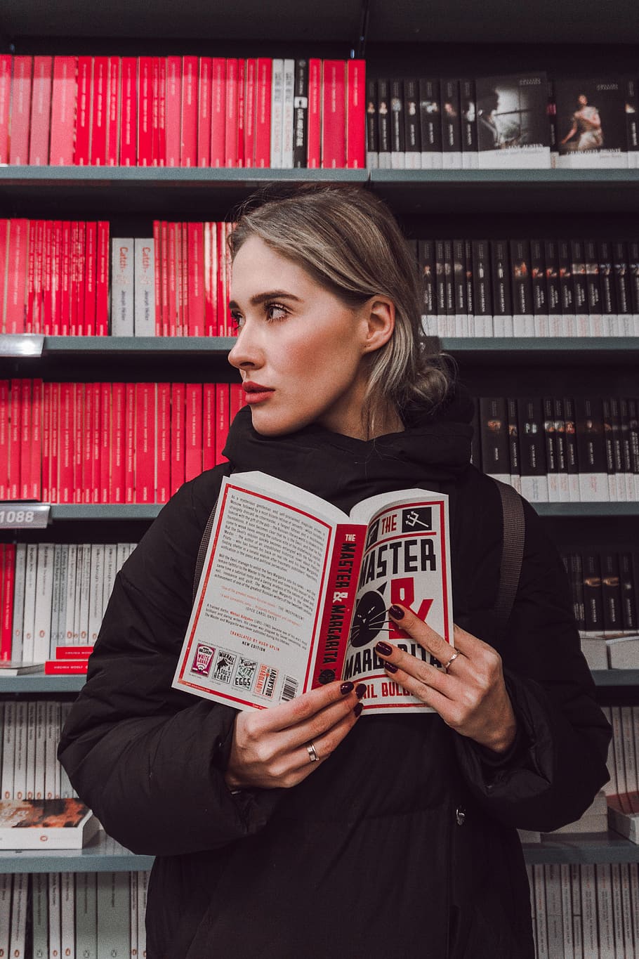 woman standing while holding book, publication, shelf, indoors HD wallpaper