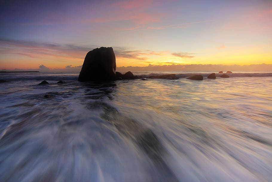 Rock on the Beach, dawn, motion, ocean, rocks, sea, seascape HD wallpaper