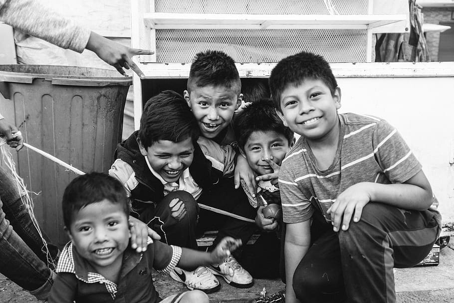 Grayscale Photo of Group of Children, black and white, boys, facial expression