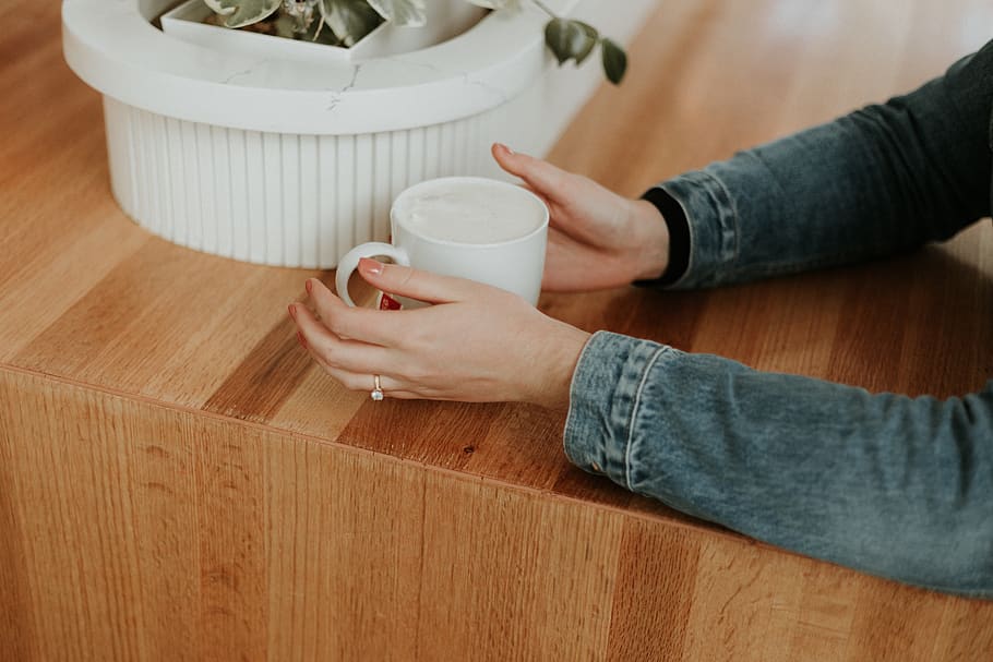 white mug on table, wood, cup, hardwood, coffee cup, person, human HD wallpaper