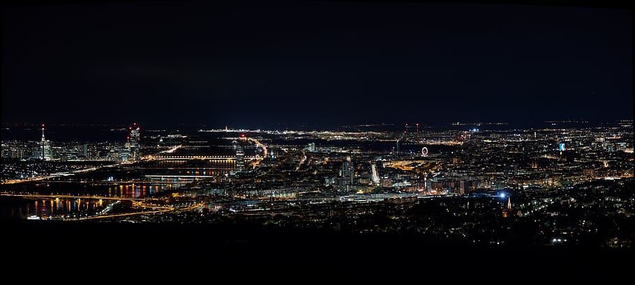 vienna, panorama, night, evening, ferris wheel, prater, mood, HD wallpaper