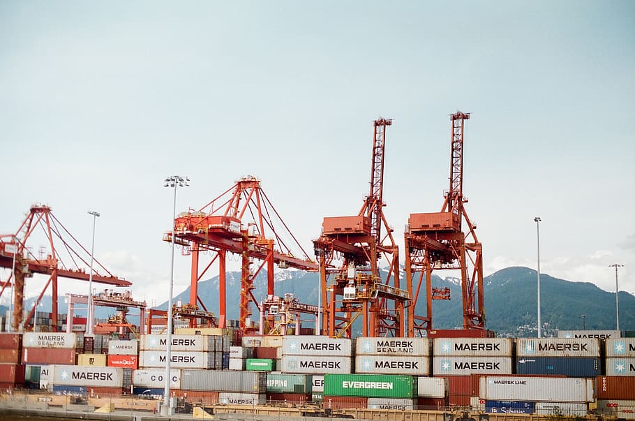 cargo port crane, industry, crane - construction machinery, freight transportation HD wallpaper