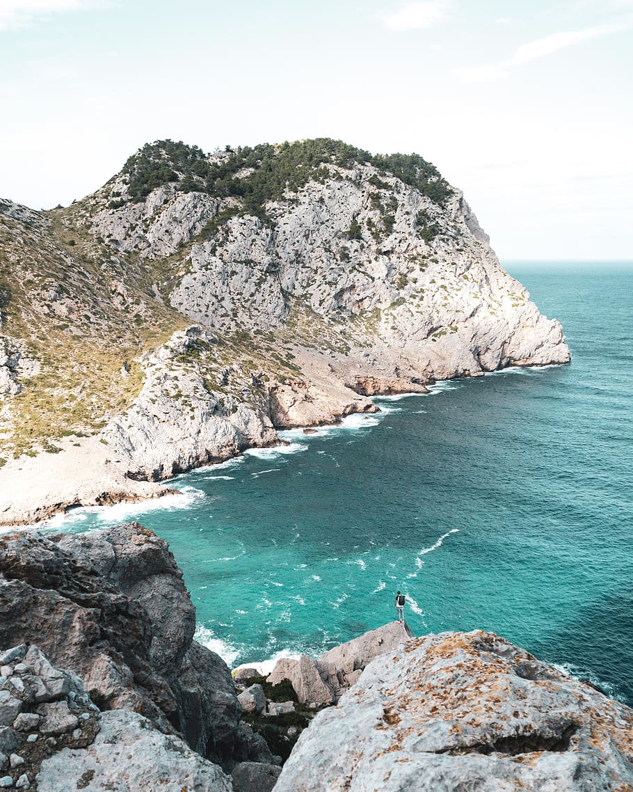 white and green mountain, water, rock, sea, rock - object, solid HD wallpaper