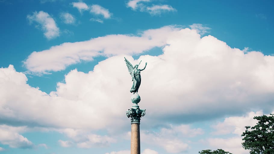 denmark, copenhagen, monument, clouds, angel, blue, white, sky HD wallpaper