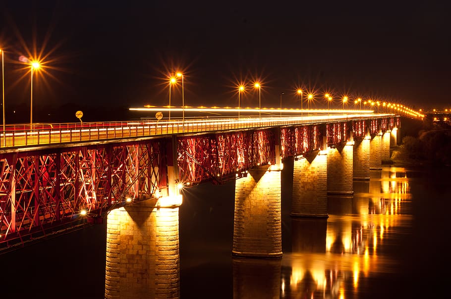 HD wallpaper: portugal, santarem, night, bridge, santarém, light, river ...