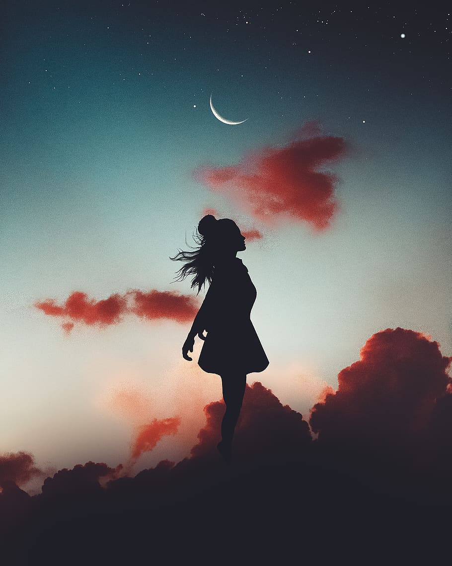 Silhouette Of Girl During Evening, backlit, clouds, crescent moon, HD wallpaper