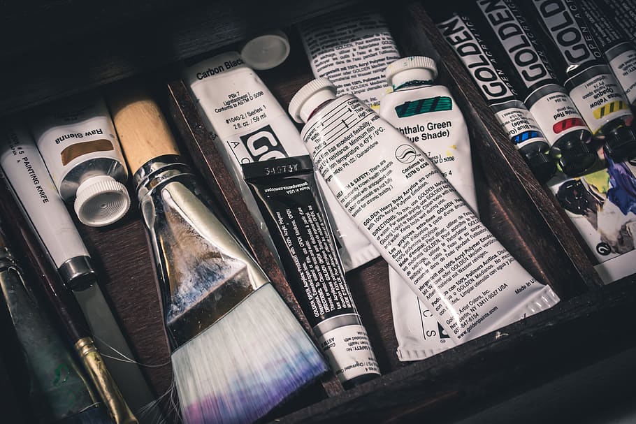 Assorted-color Soft Tube Lot, brushes, paint, tubes, high angle view HD wallpaper
