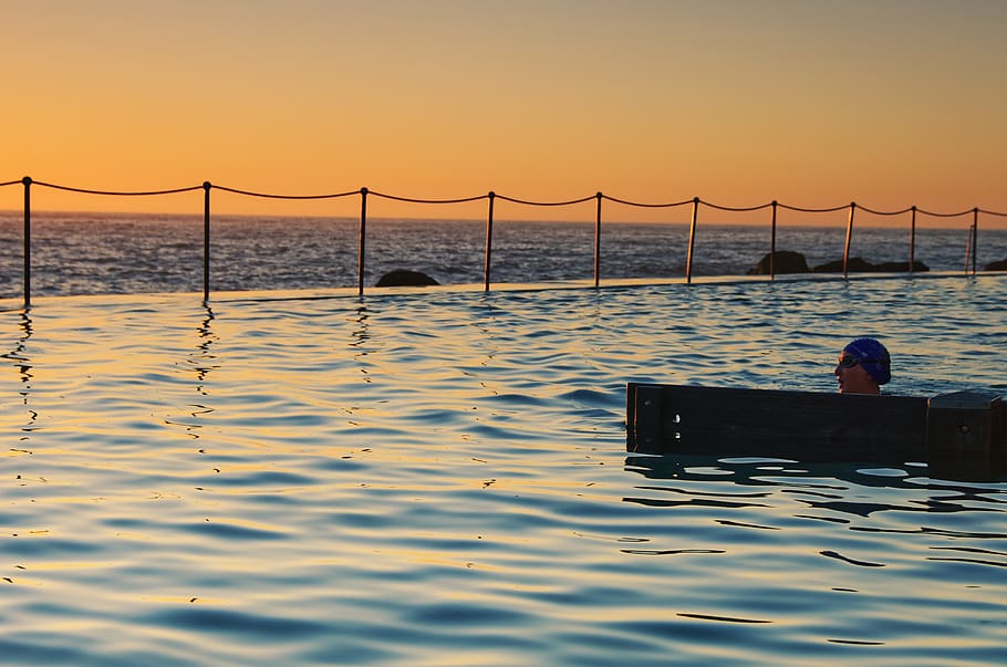 swim, water, pool, ocean, summer, ripples, sunrise, sport, sky HD wallpaper