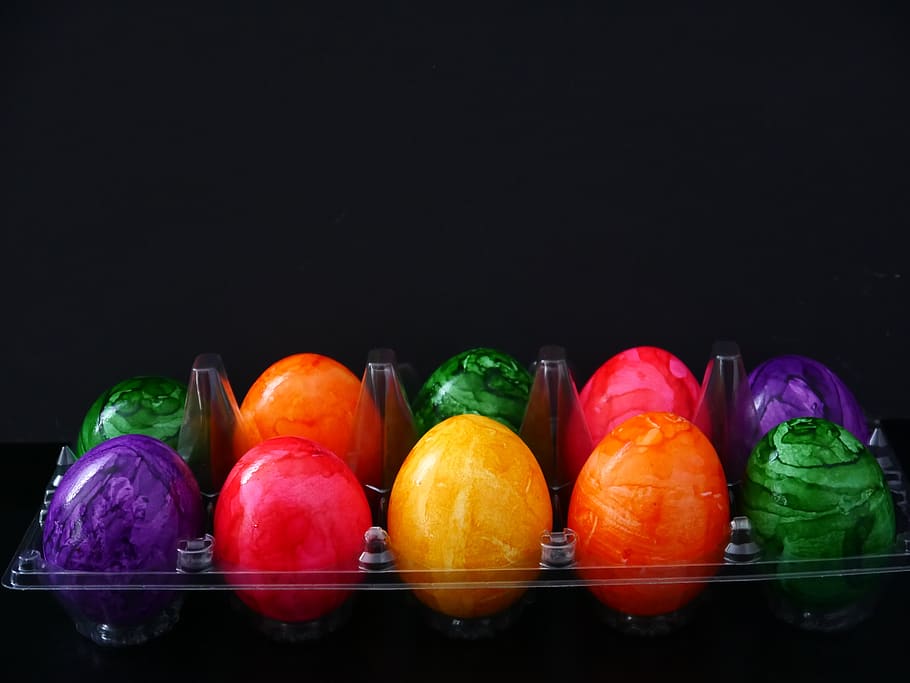 easter eggs, colorful, colored, food, food and drink, black background HD wallpaper