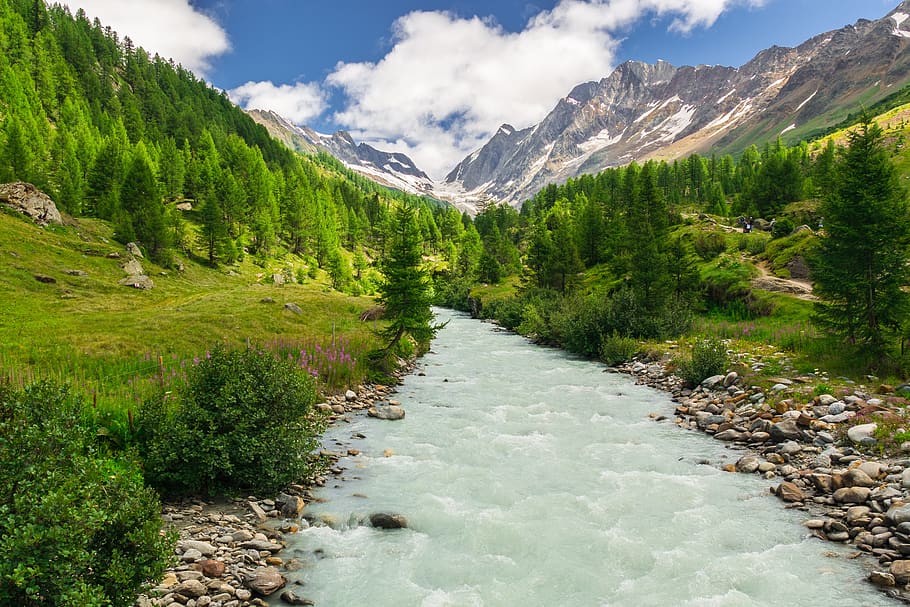 landscape, mountains, river, clouds, lötschental, scenics - nature HD wallpaper
