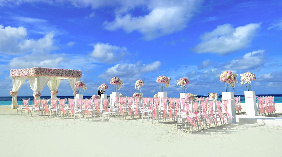 Beach Themed Wedding, beach wedding, blue sky, chairs, clouds