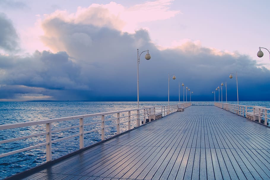 storm, blue, horizon, clouds, quay, pier, seaside, ocean, water HD wallpaper