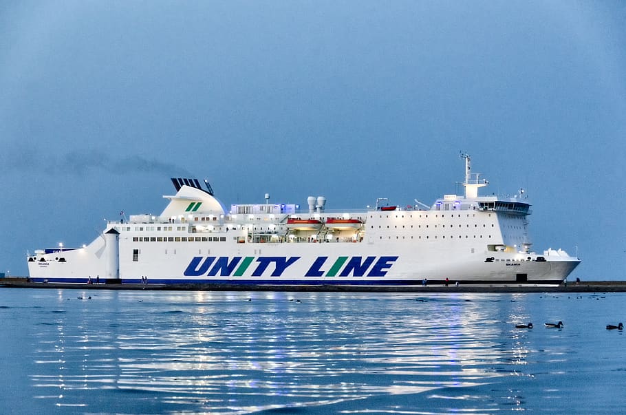 ferry, sea, ship, twilight, blue, landscape, nautical vessel HD wallpaper