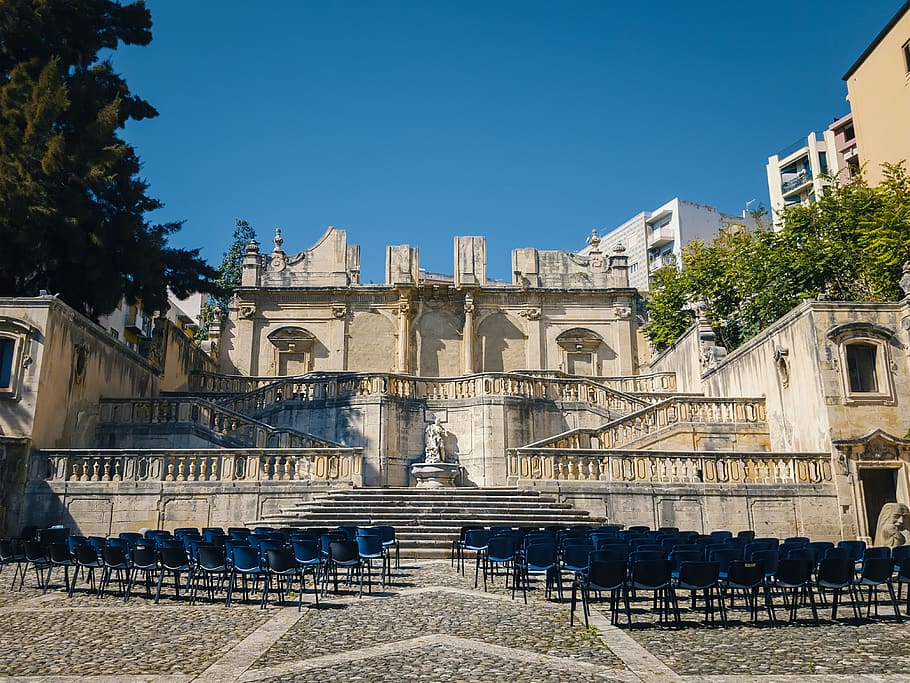 monument, ruins, theather, pine, tree, sky, blue, green, stairs HD wallpaper